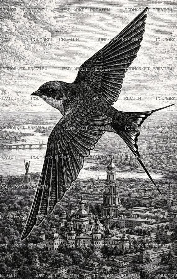 Bird Over City Engraving Print — PSD template preview