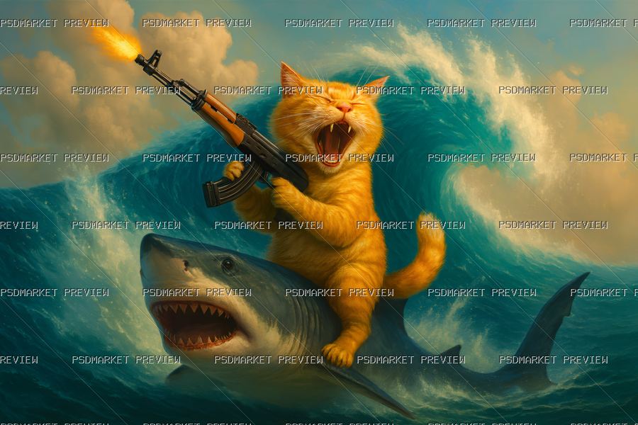 Cat Riding a Shark Print — PSD template preview
