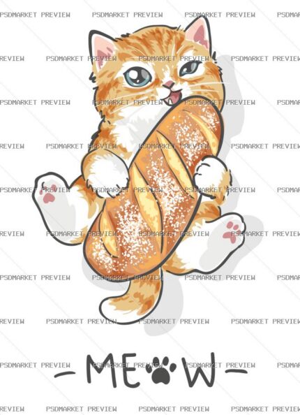 Cat with Baguette Print Design – AI File protected preview