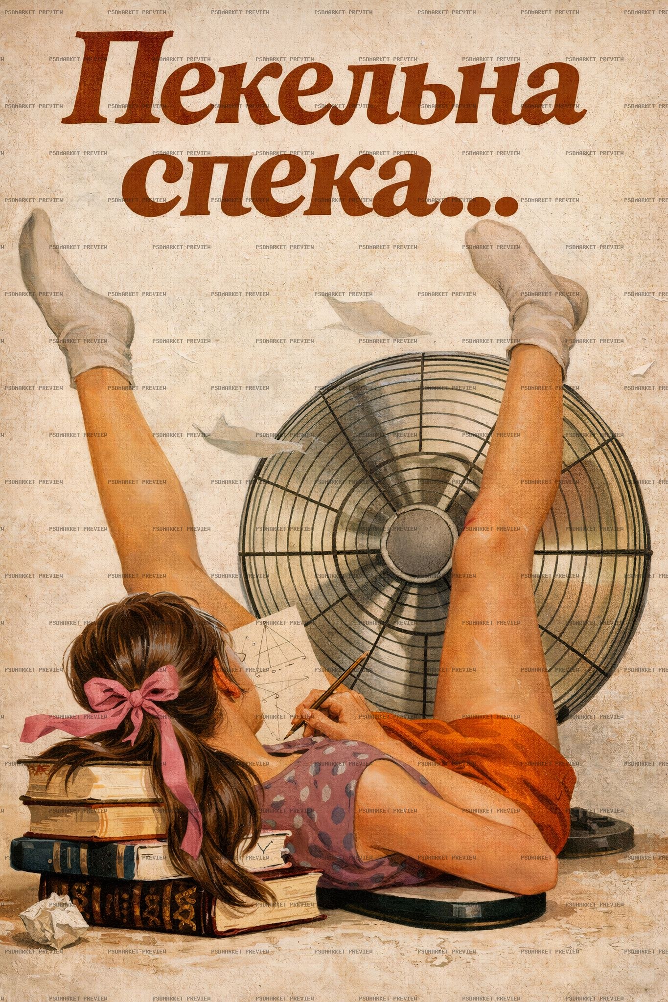 Summer Heat Fan Retro Woman PSD Print — print design preview