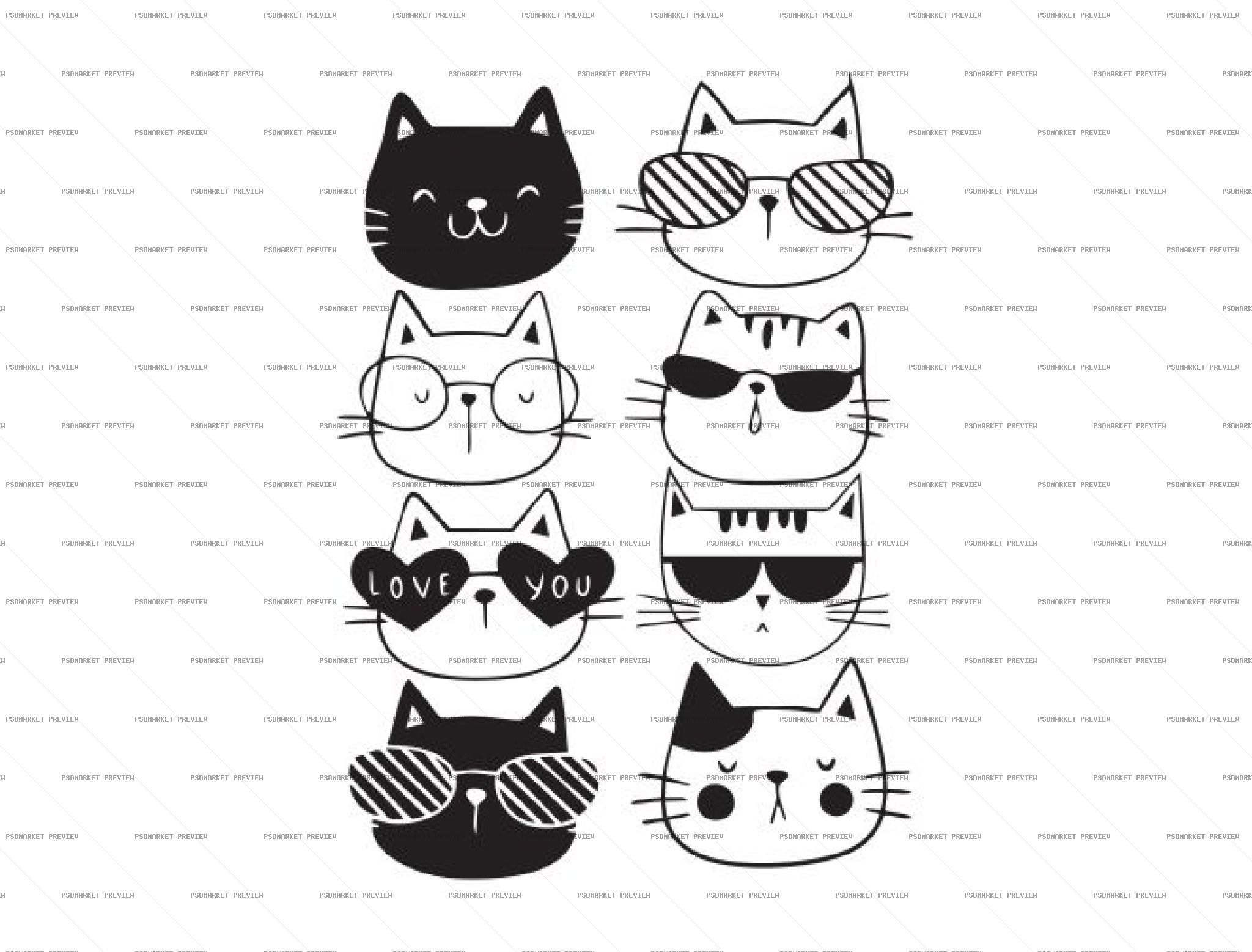 Black Cats Sunglasses Doodle Set PSD Print — print design preview
