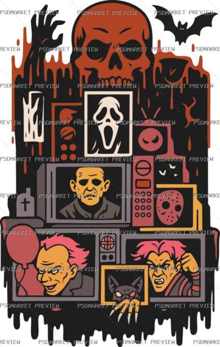 Horror Movie Icons Collage Vector Print — PSD template preview