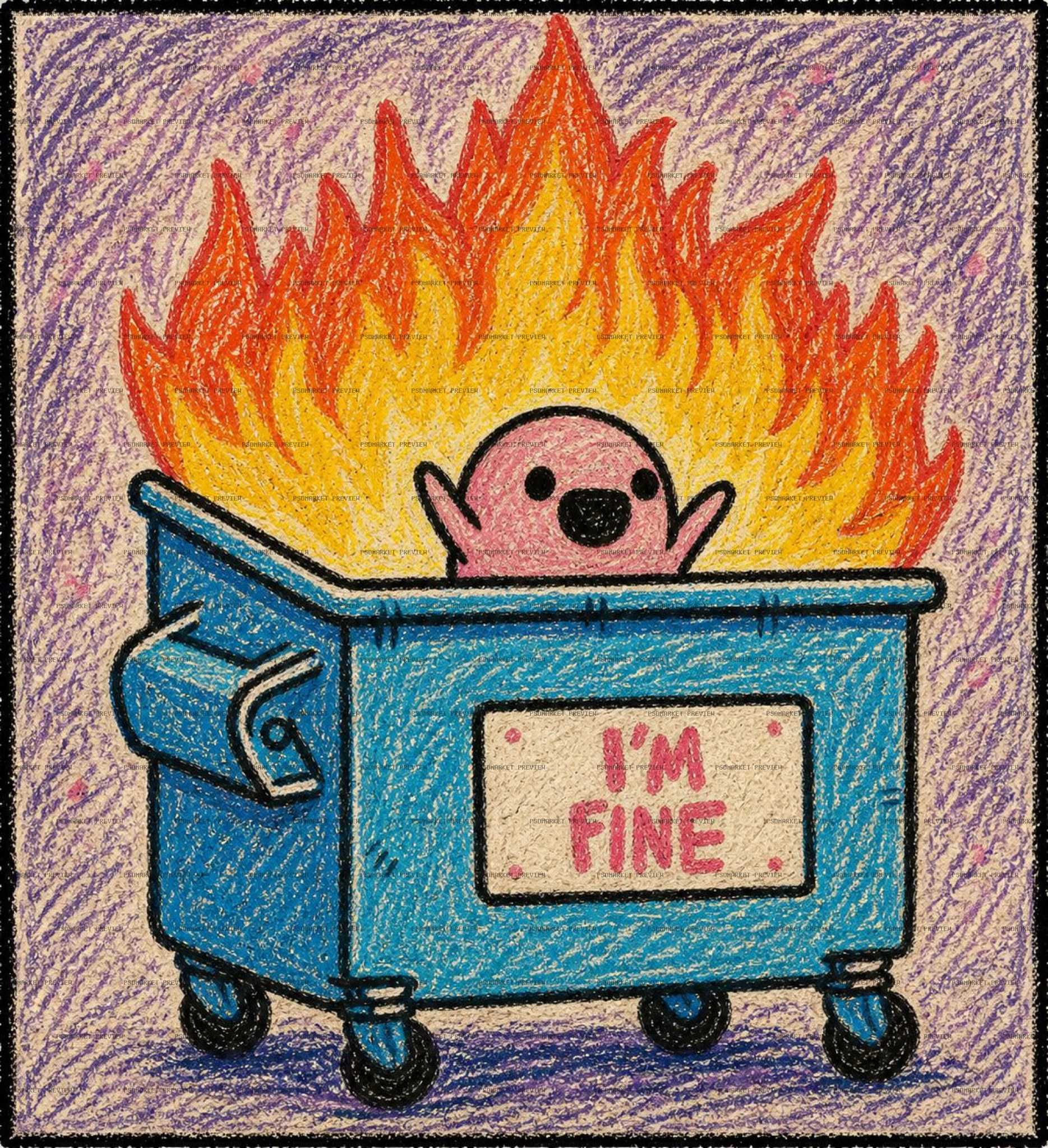 Dumpster Fire I'm Fine Illustration PSD Print — print design preview