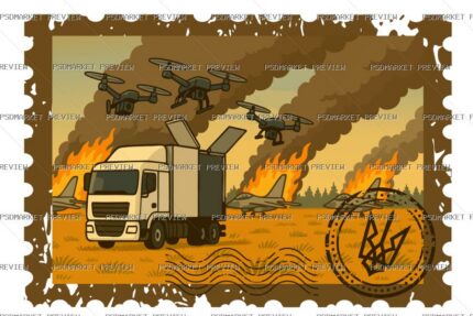 Ukrainian Military Convoy Stamp Print – AI File — PSD template preview