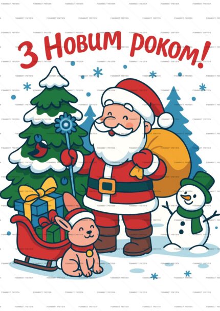 Happy New Year Santa and Snowman PSD Print protected preview