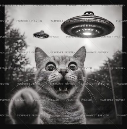 Cat and UFO Print — PSD template preview
