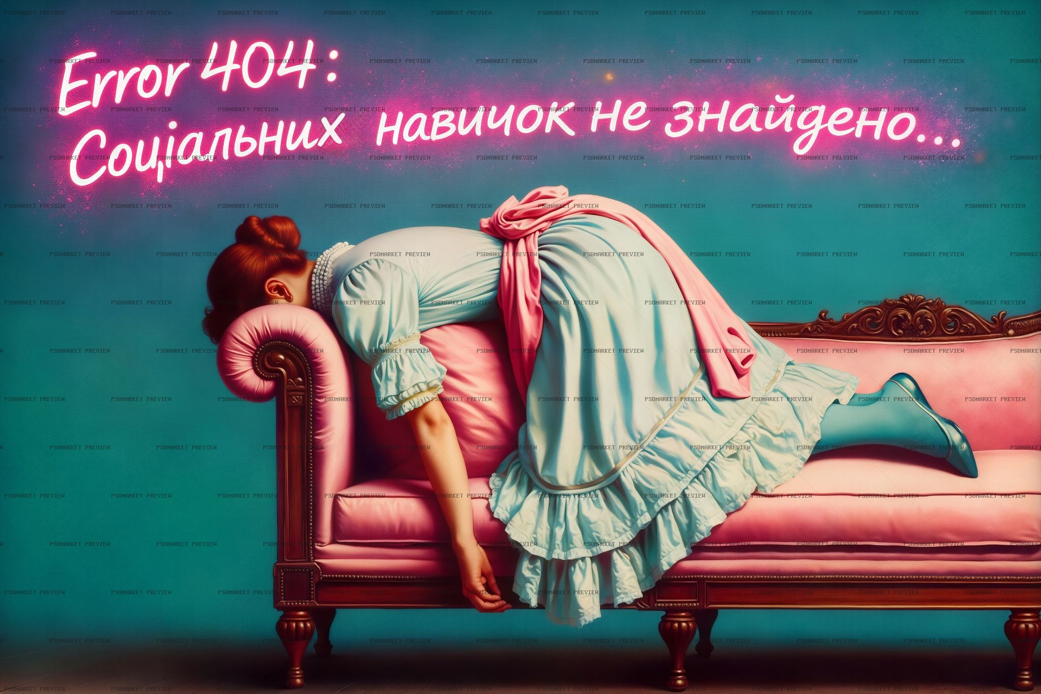 Error 404 Social Skills Vintage Woman PSD Print protected preview